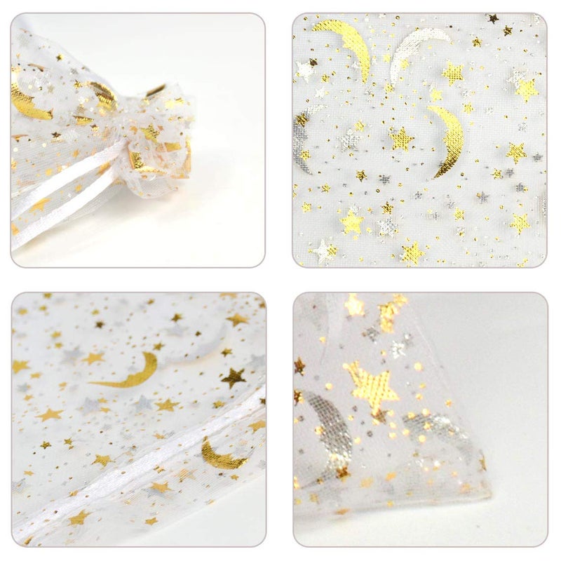 SUNGULF 100Pcs 6x9 Inches Sheer Organza Drawstring Pouches Stars And Moon Wedding Party Favor Jewelry Candy Gift Bags (White) - Image 3